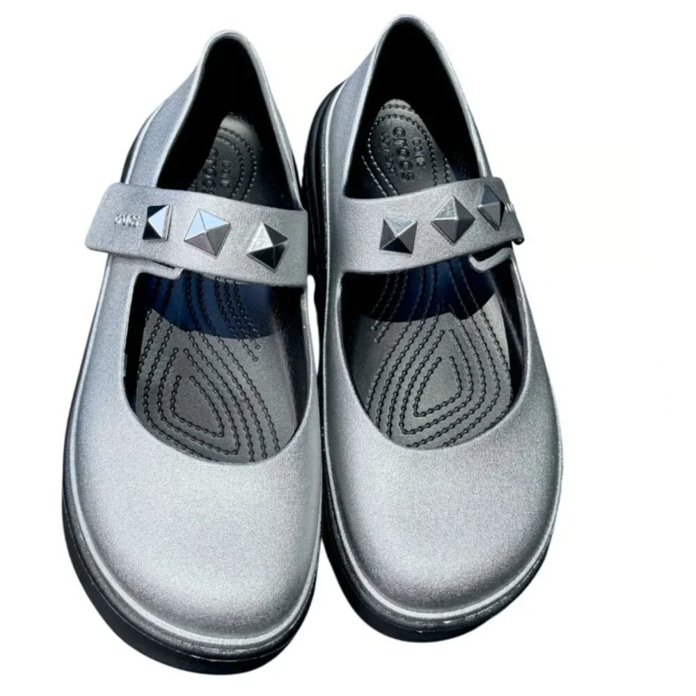 NEW Crocs Stomp Metallic Silver Studded Mary Jane Platform Clogs Size W11/M9